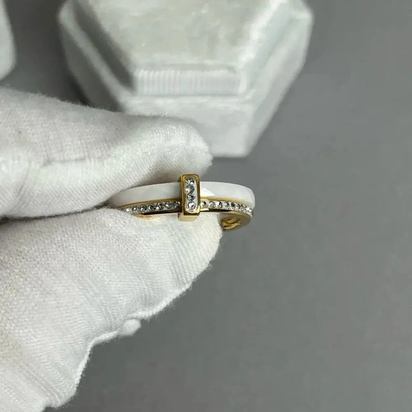 Stainless Steel Ceramic Zircon Gold Plated White Ring - Picture 6 of 8